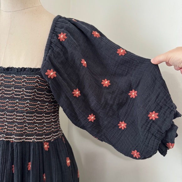 Free People Small Dahlia Black Floral Smocked Midi Maxi Dress ~ Boho Peasant - Picture 5 of 11